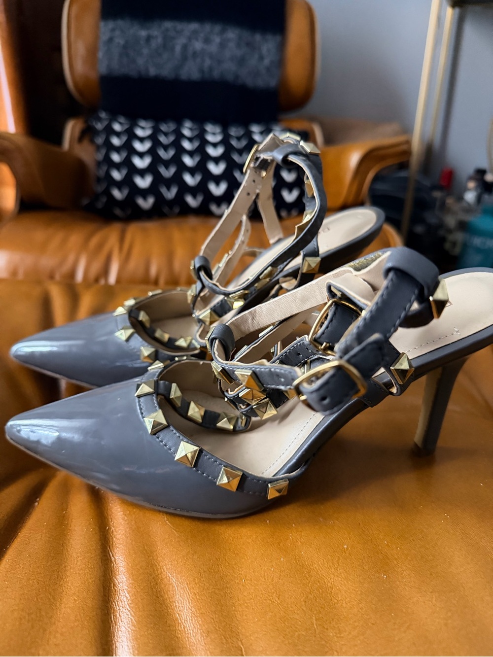 BCBGeneration Gray Patent Pointed Toe Studded Strappy Heels